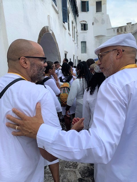 Grossmont faculty Terry Sivers and Aaron Starck in front of Cape Coast Castle